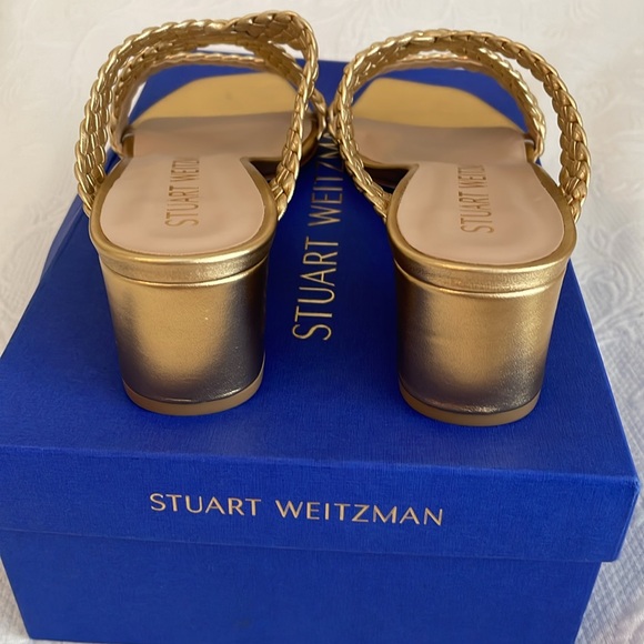 NWT Stuart Weitzman Gold Rosie Woven Block Heel Side Sandals size 8 - Picture 7 of 16